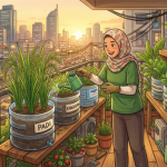 Ilustrasi AI penerapan urban farming tanam padi di pot bekas galon air mineral. Foto: Google Gemini