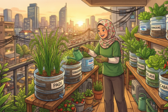 Ilustrasi AI penerapan urban farming tanam padi di pot bekas galon air mineral. Foto: Google Gemini