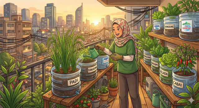 Ilustrasi AI penerapan urban farming tanam padi di pot bekas galon air mineral. Foto: Google Gemini
